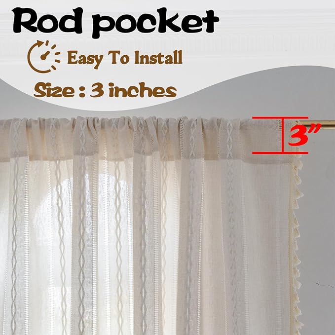 Sutuo Home Ivory Boho Curtain 52W x 18L inch White Striped Light Filtering - Image 5