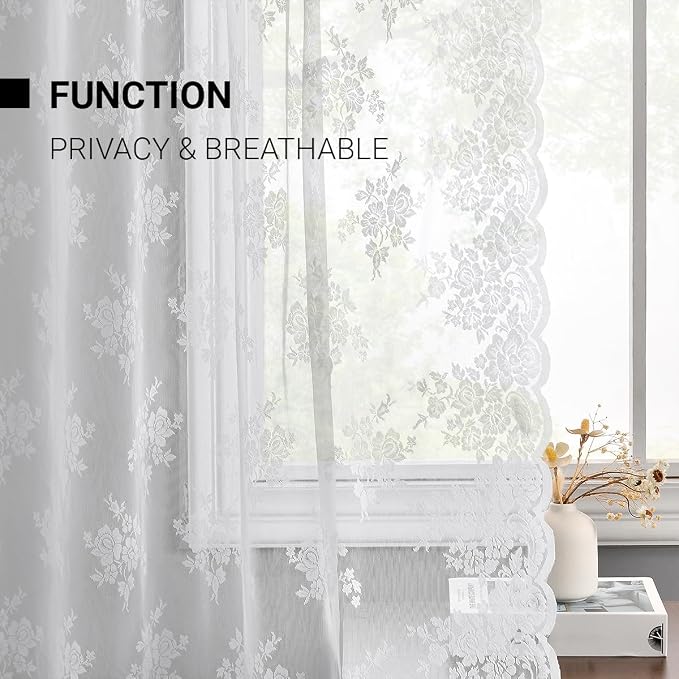 Kotile White Lace Curtains for Living Room Floral 52 x 84 Inch, 2 Panels | Rod - Image 5
