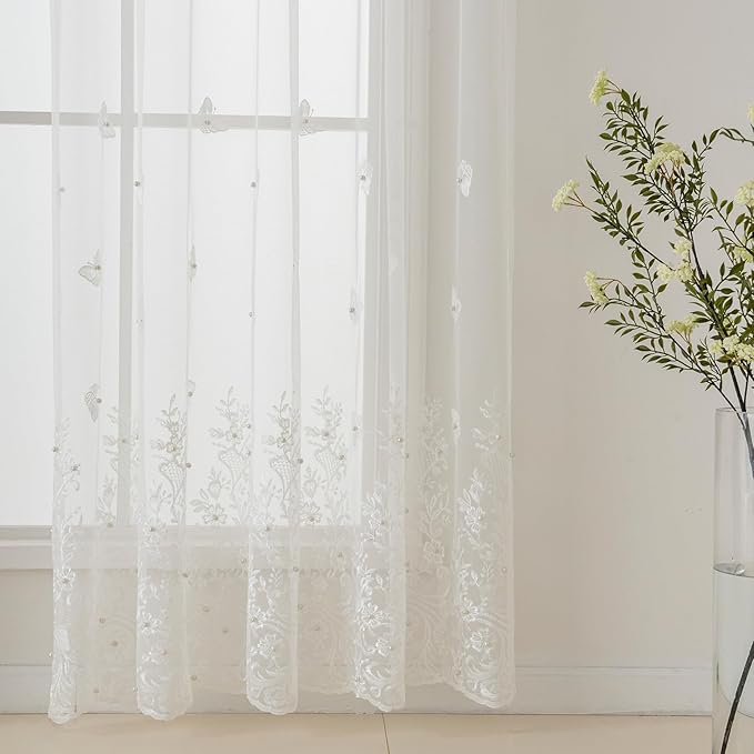 White Sheer Voile Curtains White Embossed Butterflies 96 Inches | Light - Image 2