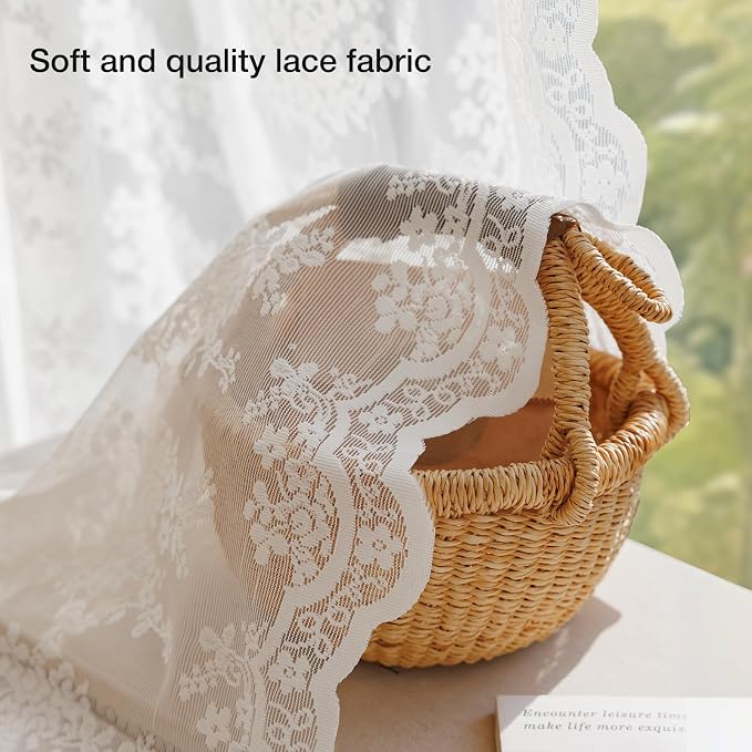 Anmao Vintage White Lace Curtains 80 Inches Long 2 Panels Set, Romantic Elegant - Image 4
