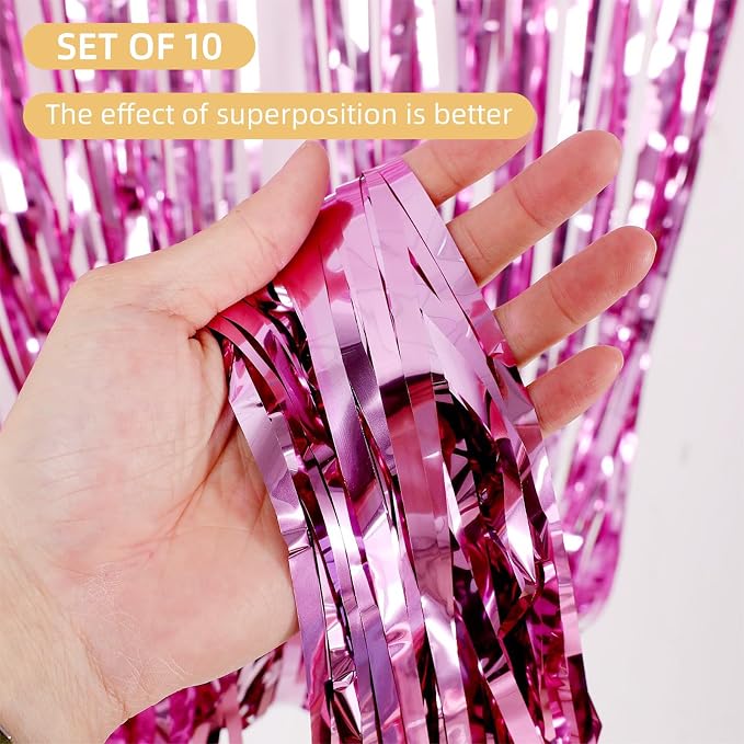 10 Pack Pink Backdrop Curtain 3.2ft x 8.2ft Metallic Tinsel Foil Fringe - Image 2