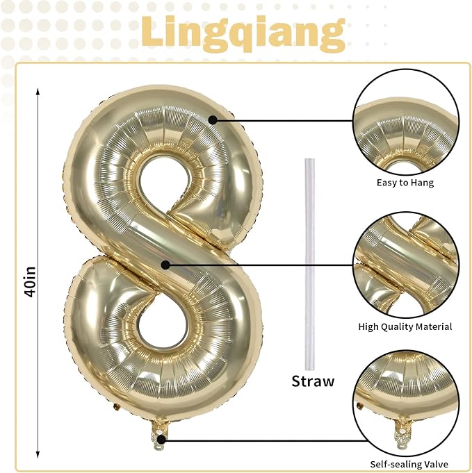 Champagne Gold 8 Balloons, Self Inflating Digit 8 Balloons - Image 2