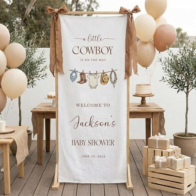 Personalized Cowboy Baby Shower Banner, Western Welcome Sign, Cotton Linen - Image 2