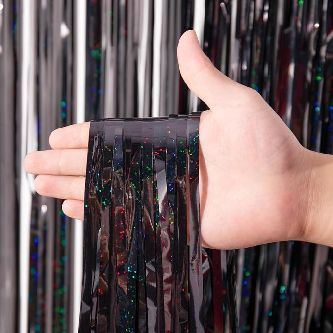 Voircoloria Laser Black Foil Fringe Backdrop Curtains, 3 Pack | Tinsel Streamers - Image 2