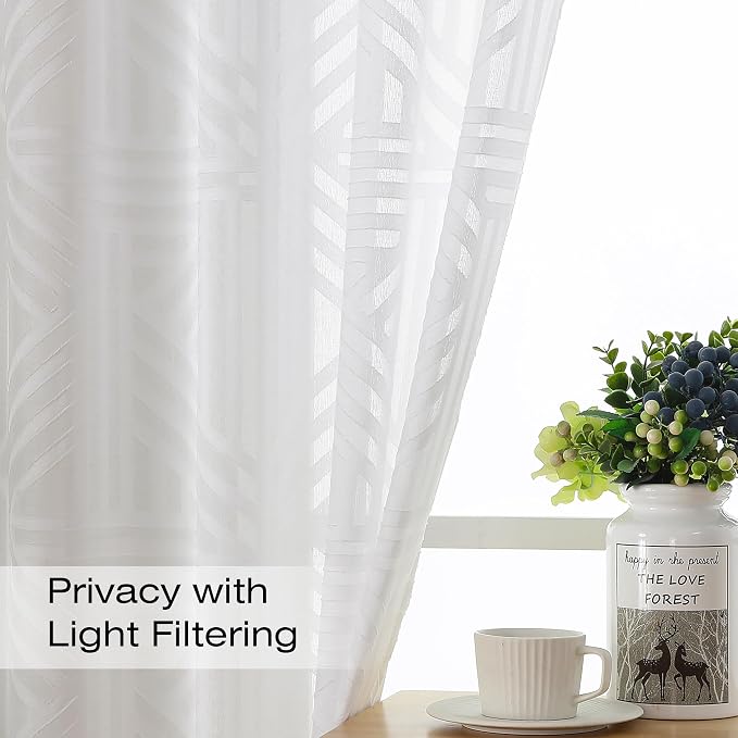 Simplebrand Semi Sheer White Curtains 54 Inch Length 2 Panels, Geometric - Image 2