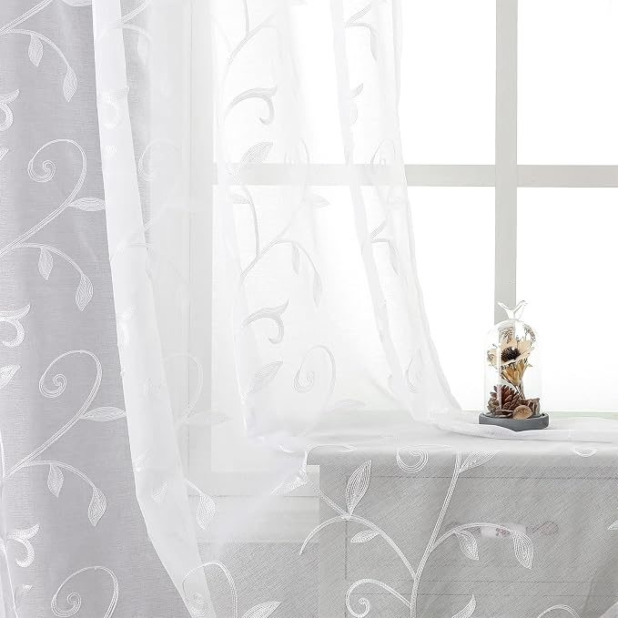 White Sheer Curtains Embroidered Leaves 2 Panels 54Wx84L | Light Filtering by VISIONTEX