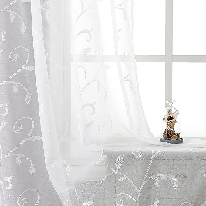White Sheer Curtains Embroidered Leaves 2 Panels 54Wx108L | Light Filtering by VISIONTEX