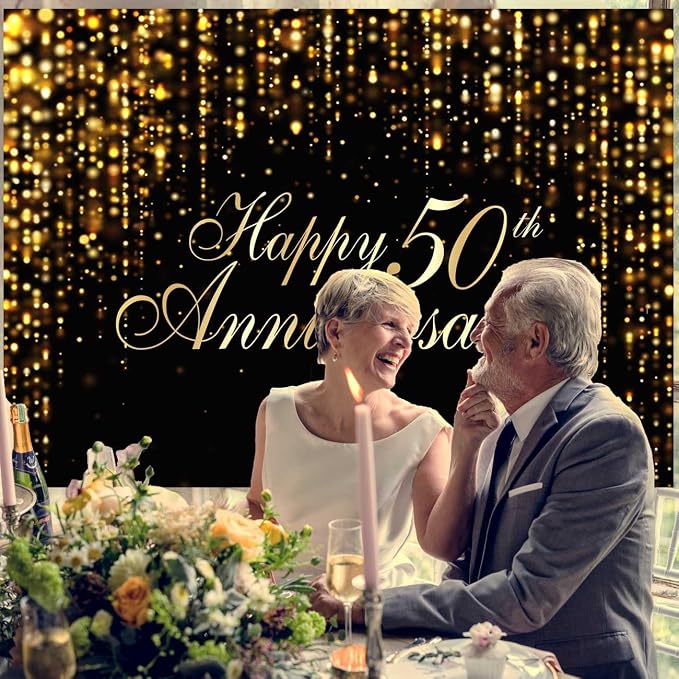 Happy 50th Anniversary Backdrop, 50th Wedding Anniversary Party Banner Black - Image 3
