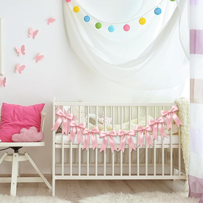 1 String of 8PCS Pink Bow Garland Banner Decoration, Pre-Strung Satin Ribbon - Image 5
