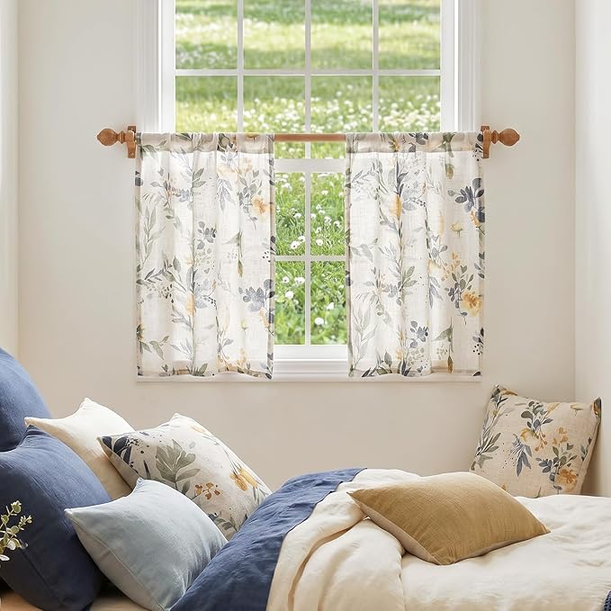 MYSKY HOME Floral Kitchen Curtains 30 Inch Length Linen Tier Curtains Farmhouse - Image 7