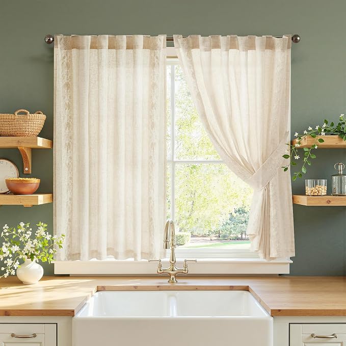 jinchan Ivory Floral Embroidered Short Linen Curtains 54×54 Inches 2 Panels | by JINCHAN