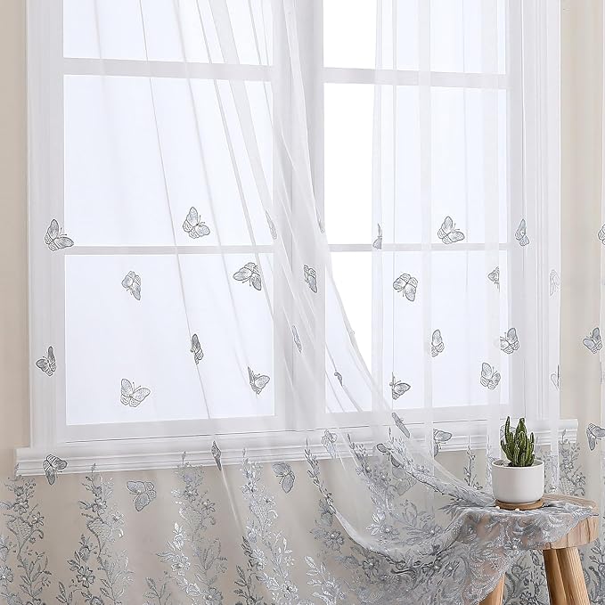 White Sheer Voile Curtains Blue Embossed Butterflies 54Wx84L Inch | Light - Image 6