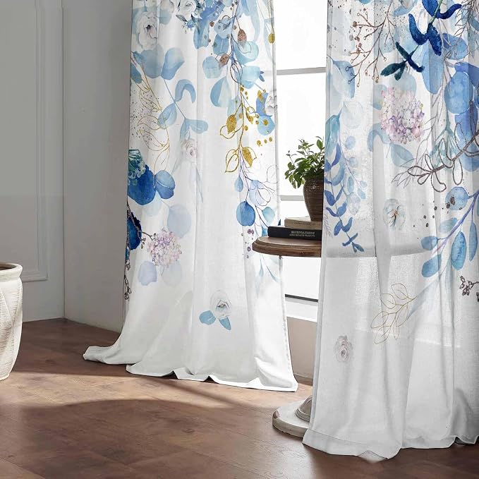 Blue and White Curtains for Living Room Spring Summer Blue Eucalyptus Leaves - Image 4