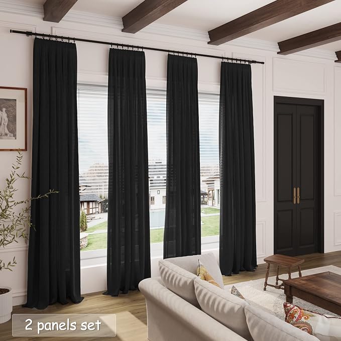 Black Linen Blend Drapes 84 Inch Length 2 Panels Set Back Tab Rod Pocket Light - Image 7