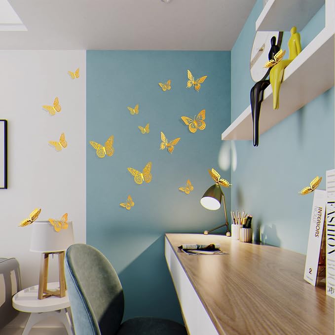 SAOROPEB 3D Butterfly Wall Decor 48 Pcs Gold Butterfly Birthday Decorations | 4 - Image 4