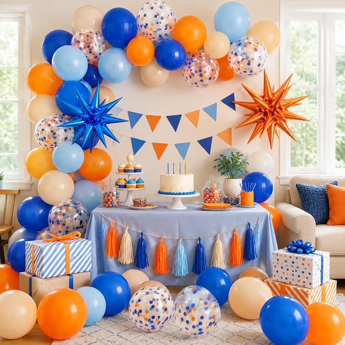 Blue and Orange Balloons, 12 Inch Orange Light Blue Nude Dark Blue Confetti - Image 4