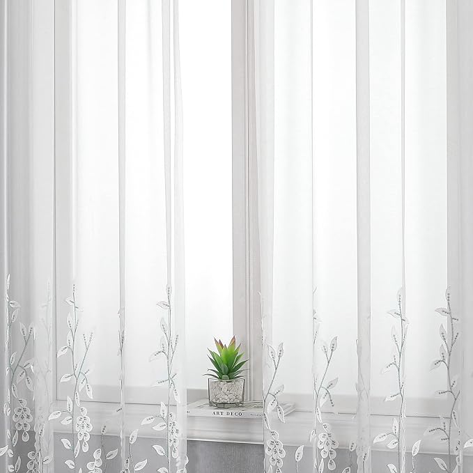 White Sheer Voile Curtains White Embossed Leaves 54Wx96L Inch | Light Filtering - Image 6
