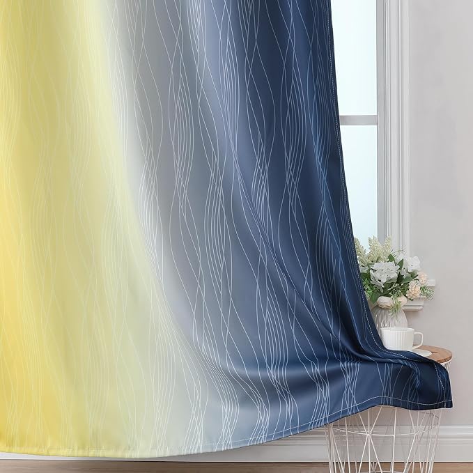 Navy Blue and Yellow Ombre Blackout Curtains 90 Inches Long 2 Panels - Image 6