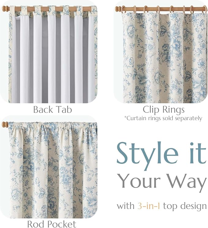 jinchan Blue Floral Linen Blackout Curtains Lined 84 Inch Back Tab 2 Panels | - Image 4