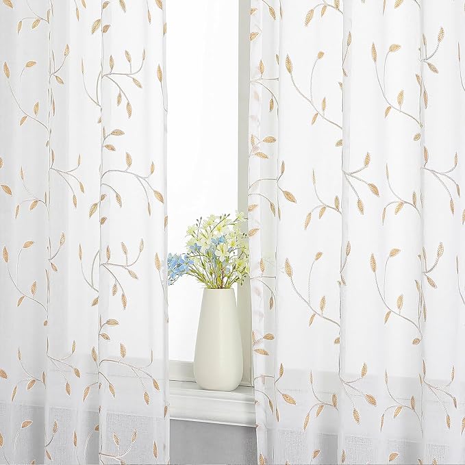 White Sheer Curtains Orange Leaf Embroidery Linen 96 Inches Long | Light - Image 4