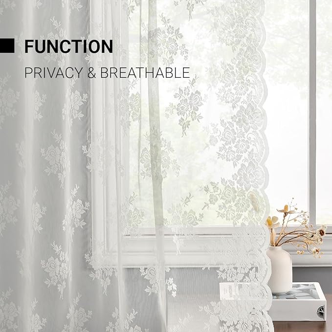Kotile Ivory Lace Curtains for Kitchen Windows W52 x L45 Inch, 2 Panels | Rod - Image 4