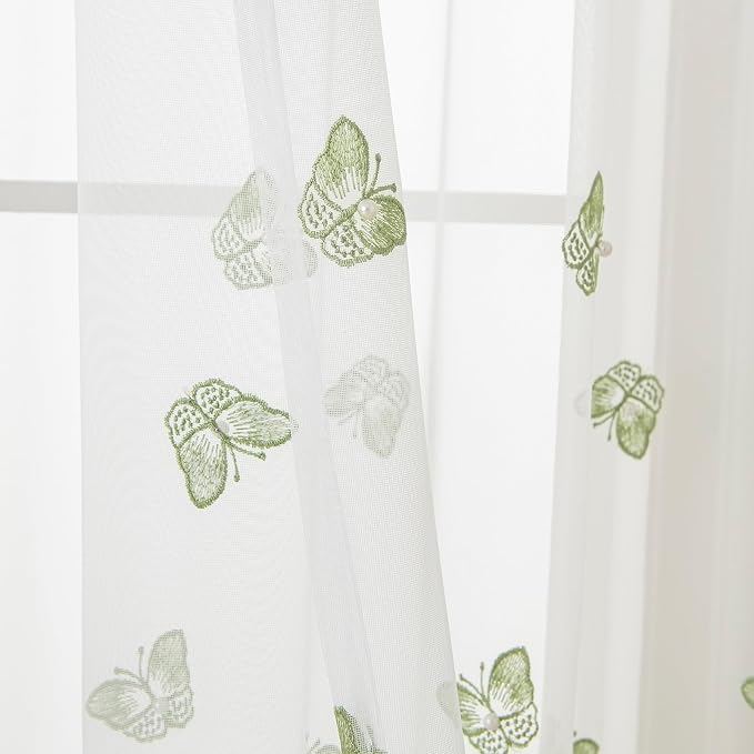White Sheer Voile Curtains Green Embossed Butterflies 96 Inches | Light - Image 4