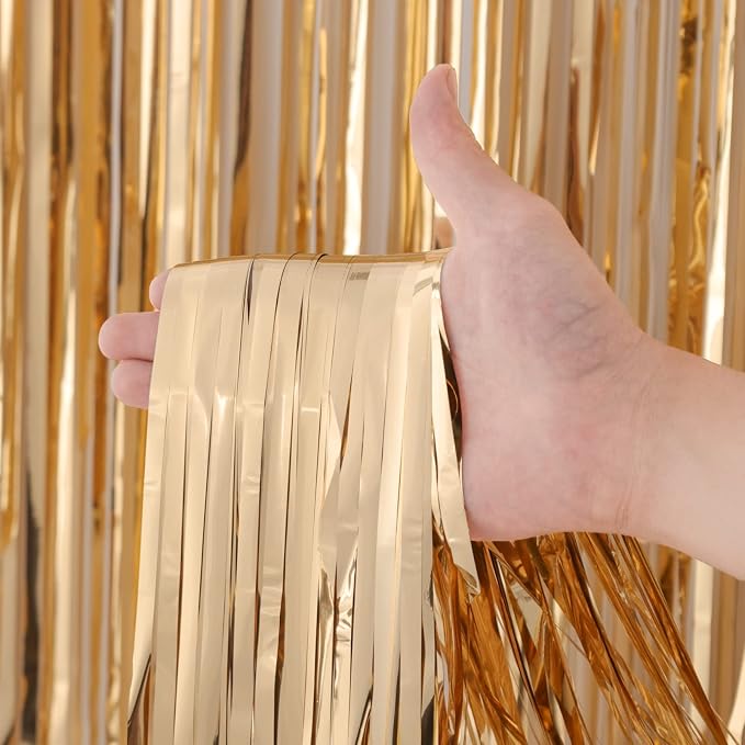 Voircoloria 3 Pack 3.3x8.2 Feet Champagne Foil Fringe Backdrop Curtains - Image 2