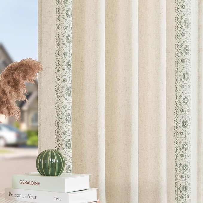 jinchan Floral Linen Curtains Embroidered Back Tab 50x63in 4 Panels Sage | - Image 8