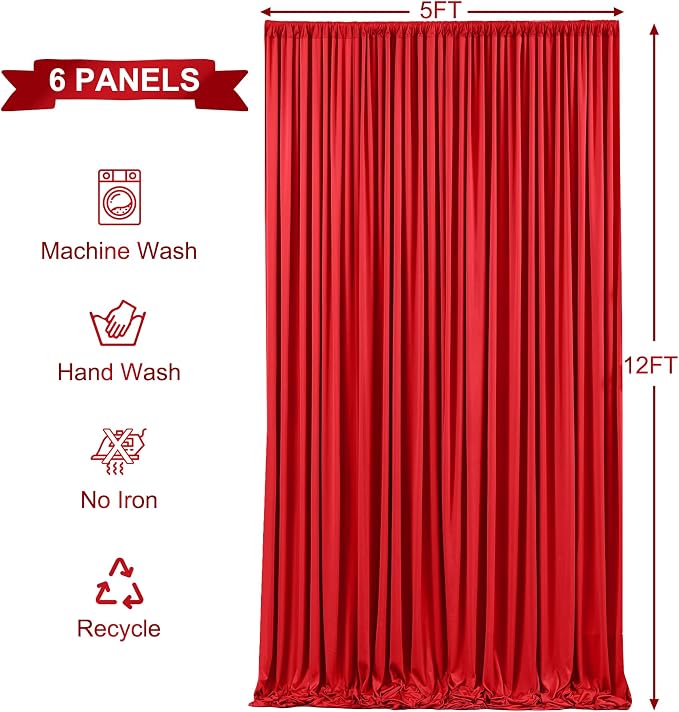 6 Panels Red Backdrop Curtains for Wedding Party Wrinkle Free Backdrops Curtain - Image 5