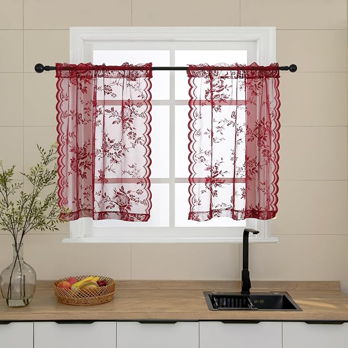 Burgundy Lace Kitchen Curtains 36 Inch Length by SEEKRIGHTHomeDecor