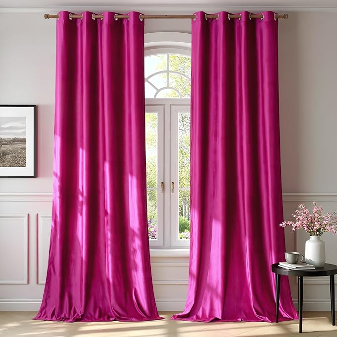 BULBUL Living Room Velvet Window Curtains 108 inch Length- 2 Panels Hot Pink by ModernShinyVelvetCurtains