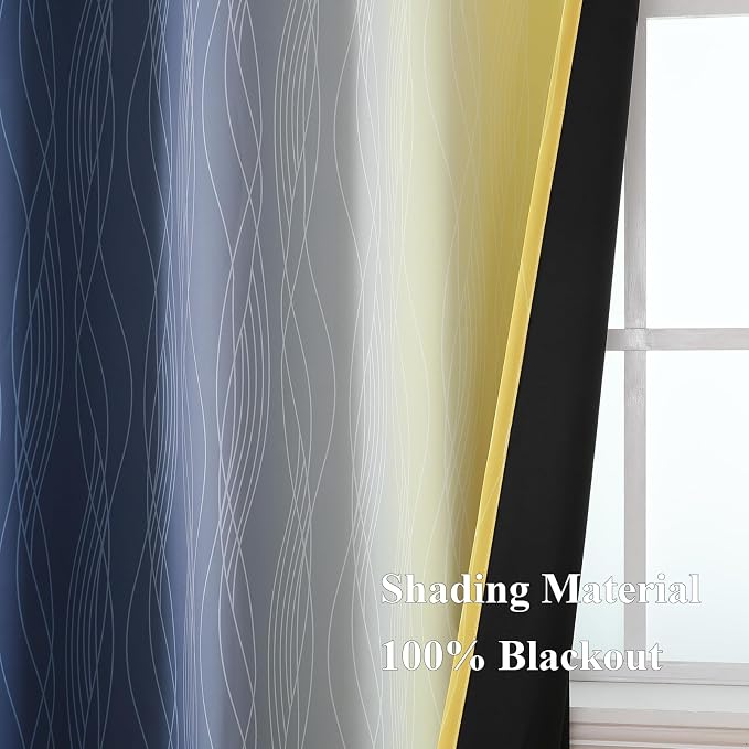 Navy Blue and Yellow Ombre Blackout Curtains 90 Inches Long 2 Panels - Image 5