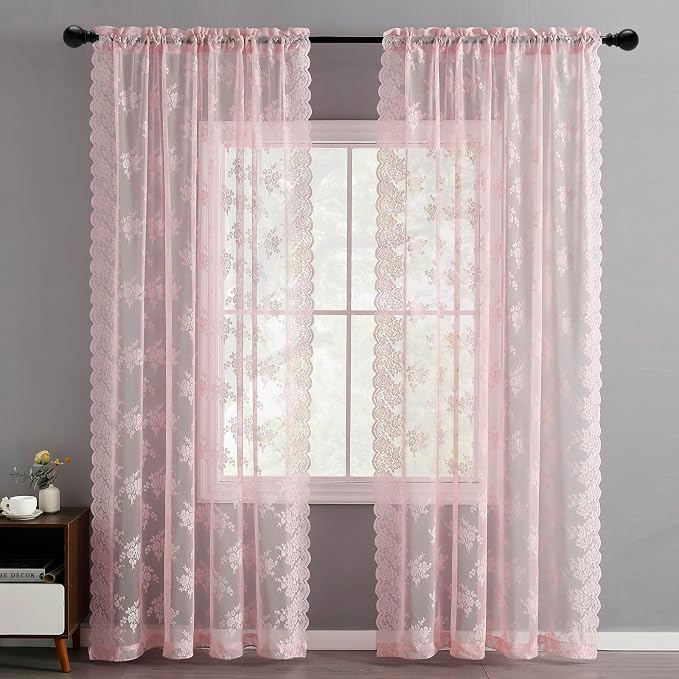 Kotile Pink Lace Curtains for Girls Bedroom Rustic Floral 2 * 42x84 Inch | Rod - Image 3
