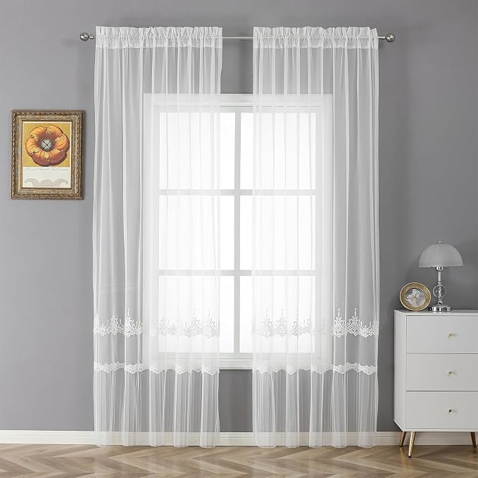 White Sheer Voile Curtains White Embossed European 54Wx63L Inch | Light - Image 2