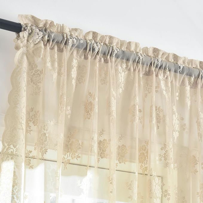 Kotile Beige Lace Curtains for Living Room Floral 52 x 80 Inch, 2 Panels | Rod - Image 4