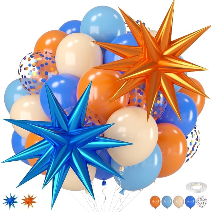 Blue and Orange Balloons, 12 Inch Orange Light Blue Nude Dark Blue Confetti by Saxuxu