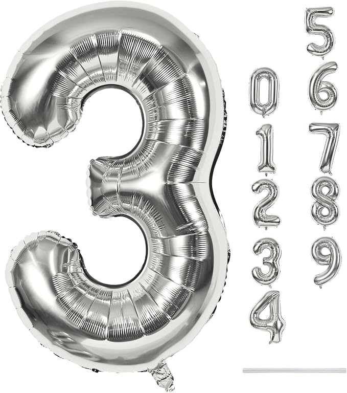 Silver 3 Balloons, 40 Inch Giant Helium Foil Number 0-9 Silver 3rd Birthday by Lingqiang