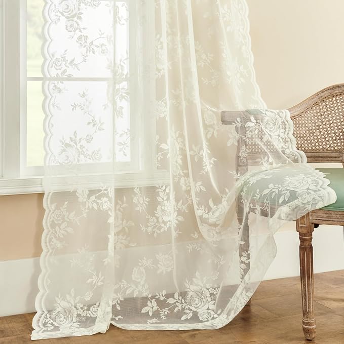 SEEKRIGHT Ivory Lace Curtains 63 Inch Length 2 Panels Victorian Floral Sheer - Image 5