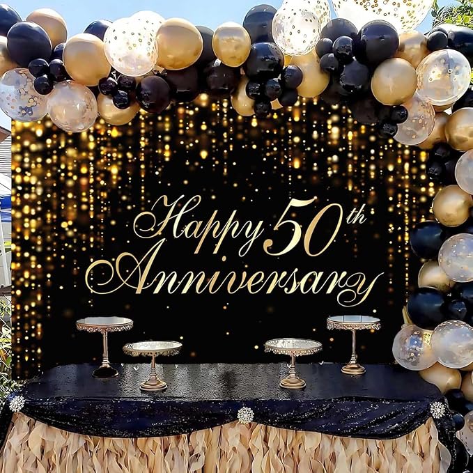 Happy 50th Anniversary Backdrop, 50th Wedding Anniversary Party Banner Black - Image 2