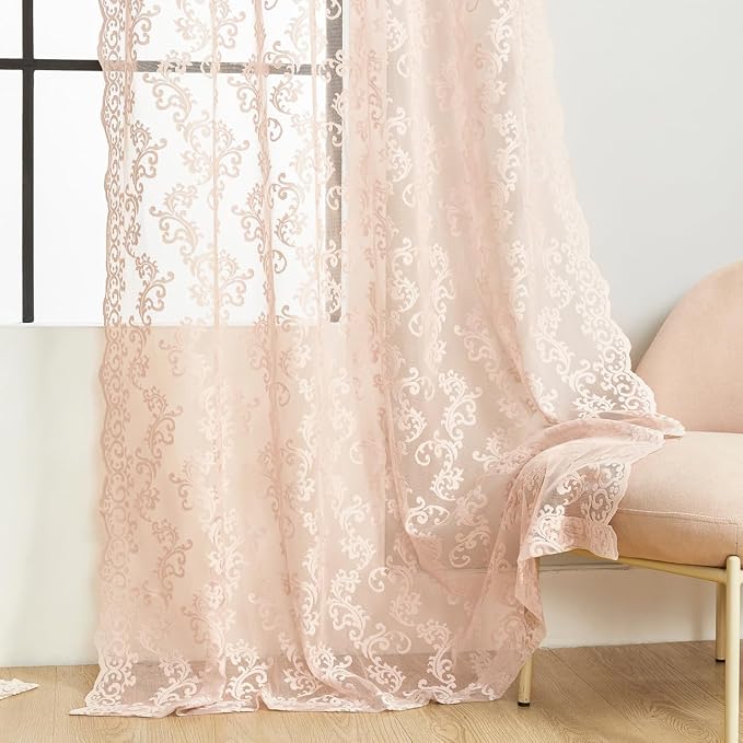 FOLKSIDE Blush Pink Lace Curtains 84 Inches Long 2 Panels Vintage French Floral - Image 5