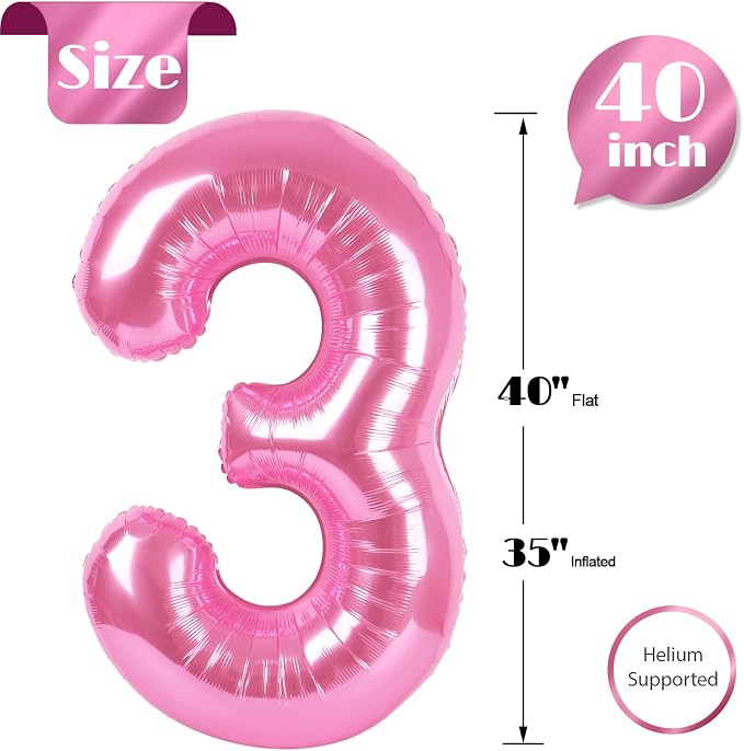 Pink 3 Balloon - Number Balloon 40 Inch, 3rd Pink Birthday Decorations | Large - Image 5