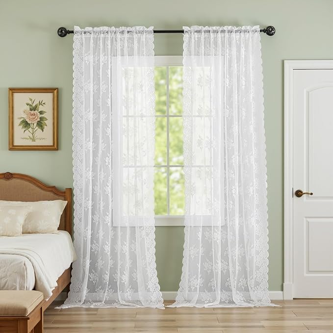 Kotile White Vintage Sheer Lace Curtains Rustic Floral 42x54 Inch, 2 Panels | - Image 5
