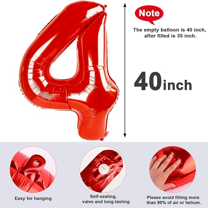 4 Balloon Numbers Birthday Decorations, 40In Red Balloons - Image 6