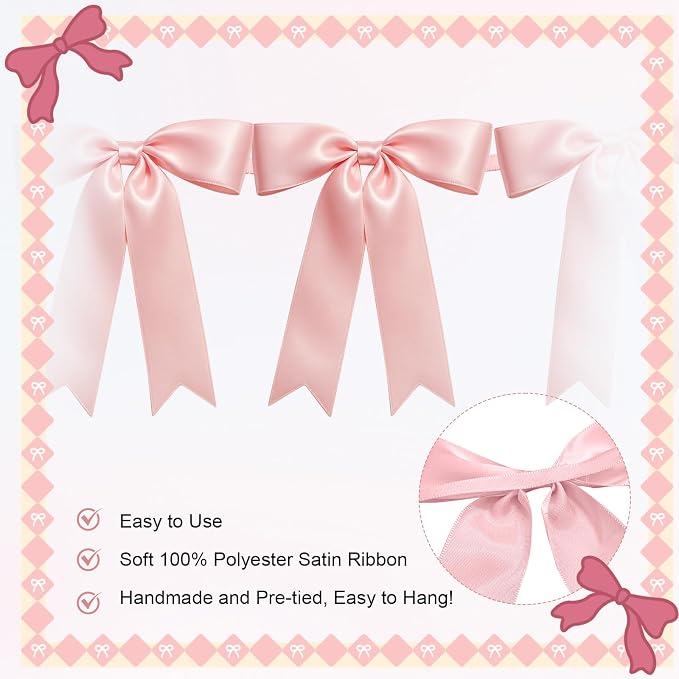 1 String of 8PCS Pink Bow Garland Banner Decoration, Pre-Strung Satin Ribbon - Image 3