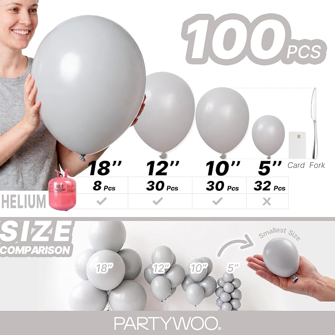 PartyWoo Gray Balloons 100pcs Matte Gray Latex Balloons Different Sizes | 18 12 - Image 6