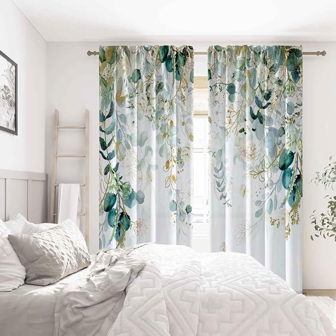 Gold Green Curtains 84 Inches Long Sage Green Leaves Light Filtering Curtain - Image 6