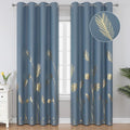 Stone Blue Blackout Curtains for Bedroom, Room Darkening Gold Palm Tree Pattern by ESTELARTEXTILER