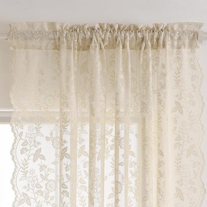 FINECITY Beige Lace Curtains for Living Room Floral 52 x 84 Inch, 2 Panels | - Image 4