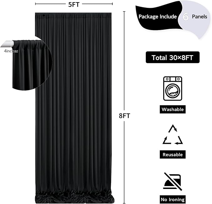 30 ft x 8 ft Black Backdrop Curtain - Image 5