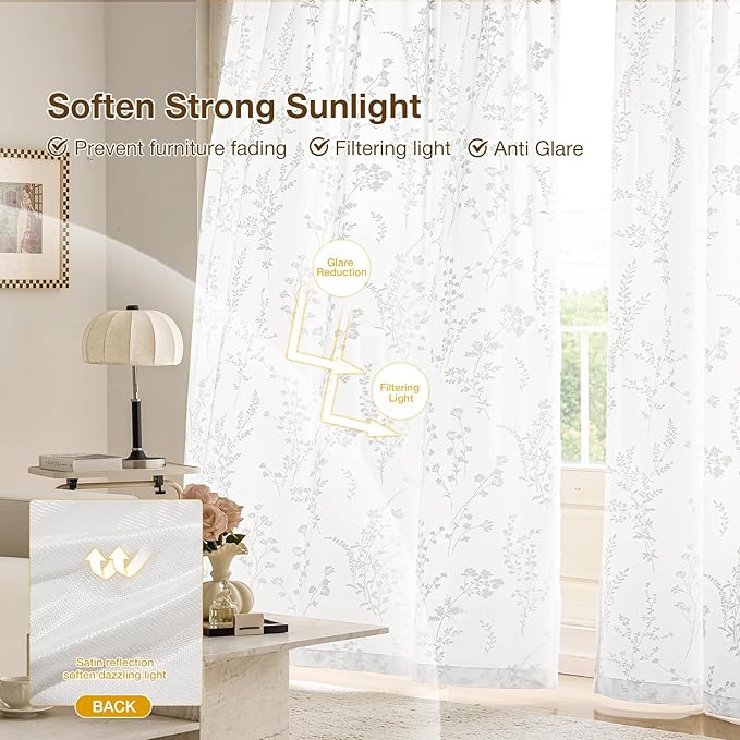 Anmao White Semi Sheer Light Filtering Curtains 90 Inches Long 2 Panels - Image 5